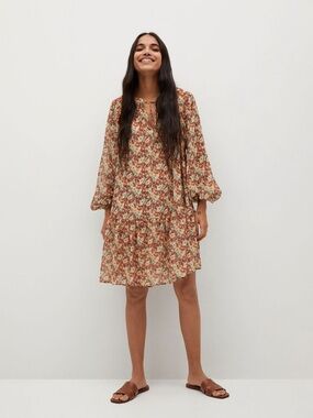Mango Floral Chiffon Midi Dress Balloon Sleeve Tie Size Large Lined Boho